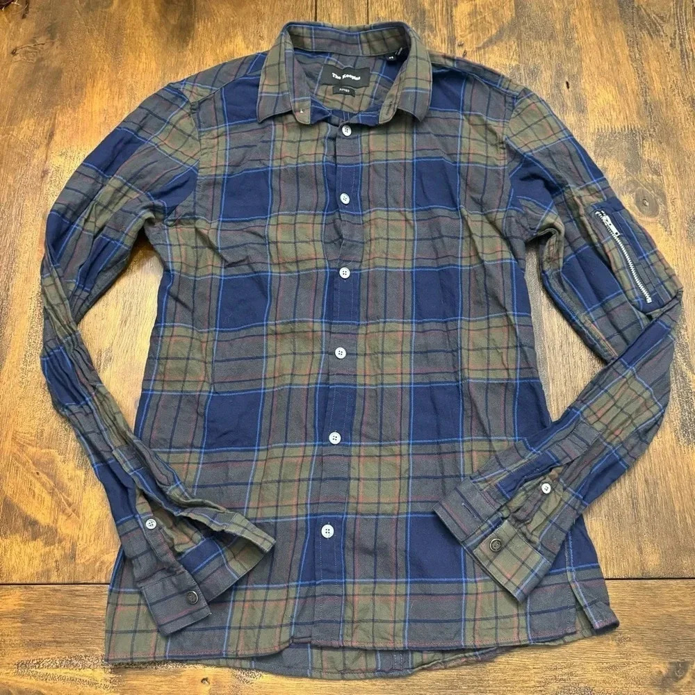 The Kooples button down shirt. XS. Slim flit. Navy/khaki plaid. - Picture 9 of 11